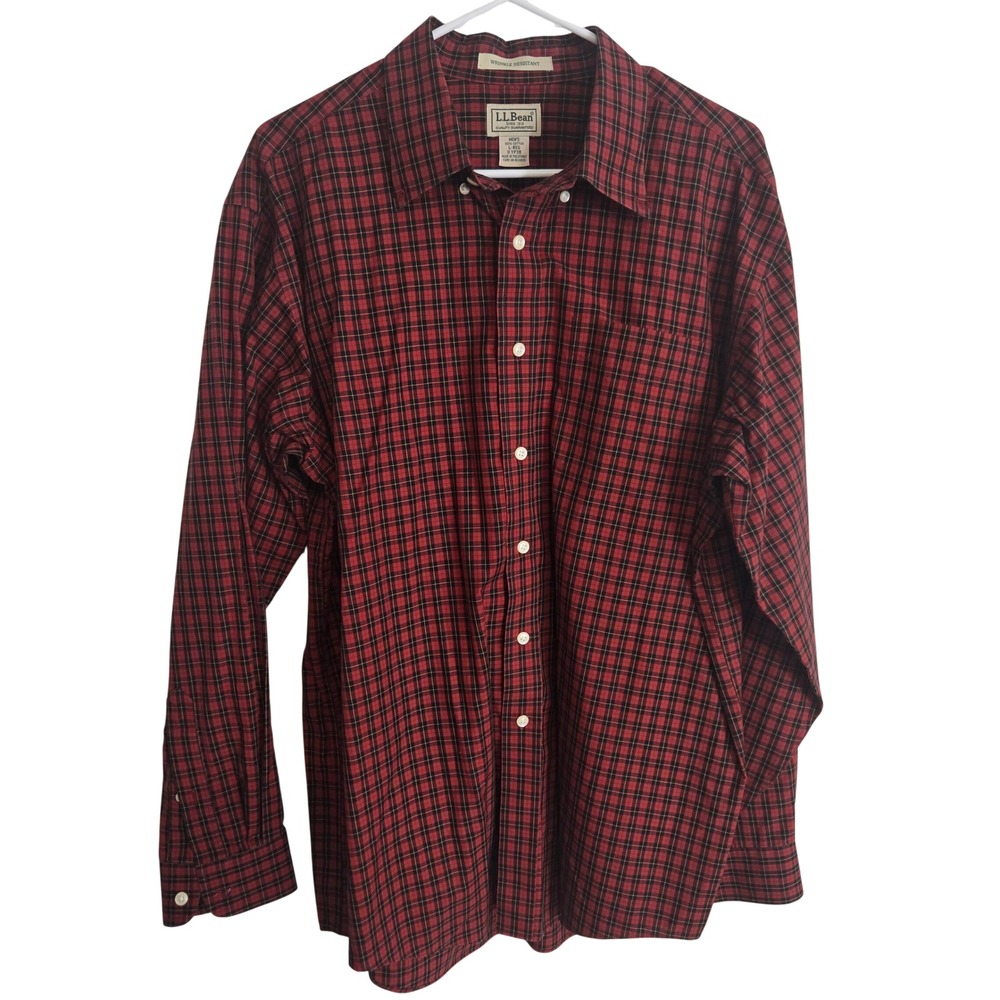 LL Bean Wrinkle Resistant Plaid Button Shirt Mens L Regular Red Black Cotton